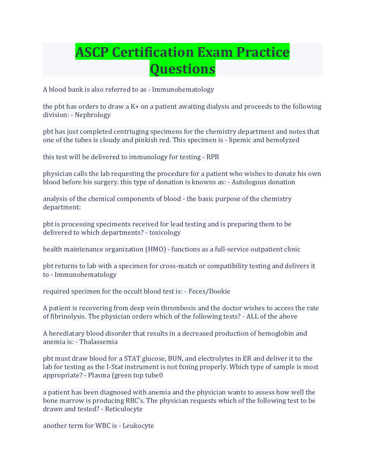 Preview image for ASCP Certification Exam Practice Questions And Answers/ Download